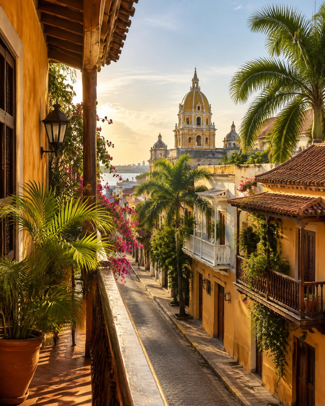 Colonial architecture and palms in Cartagena's historic center